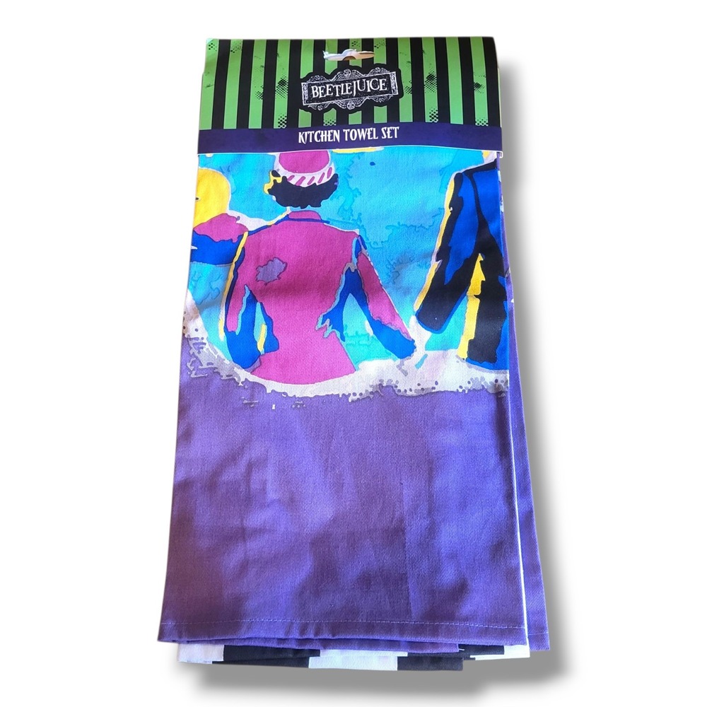 Beetlejuice Kitchen Towel Set 2 Pack NWT Handbook Recently Deceased 100% Cotton